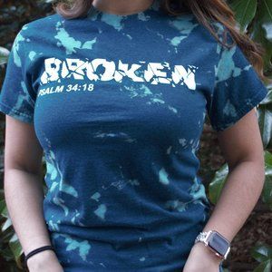 Broken (Psalm 34:18) Teal Bleach Dye T-Shirt